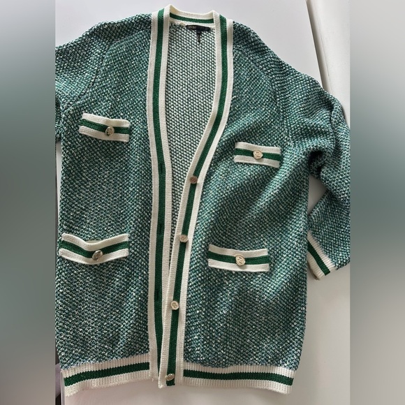 Maje Maitresse Metallic Green Threaded Cardigan with Gold Accents - Picture 6 of 10